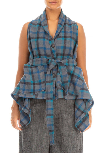 Sleeveless Draped Checkered Wool Jacket Blouse