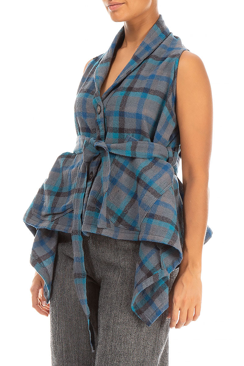 Sleeveless Draped Checkered Wool Jacket Blouse