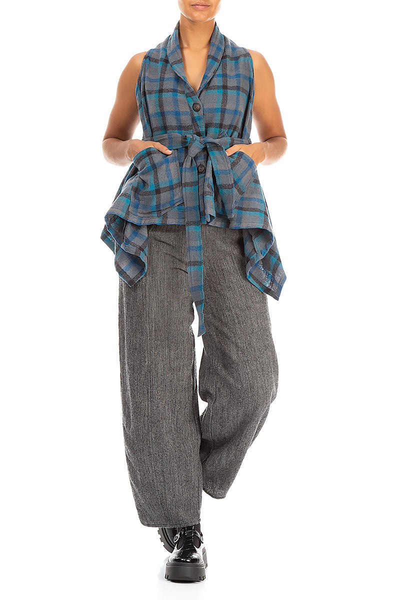 Sleeveless Draped Checkered Wool Jacket Blouse