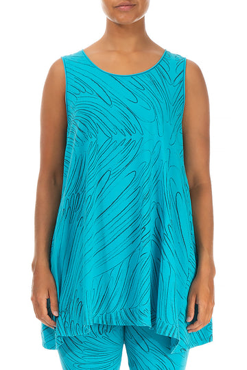 Sleeveless Feathers Bright Turquoise Cotton Tunic