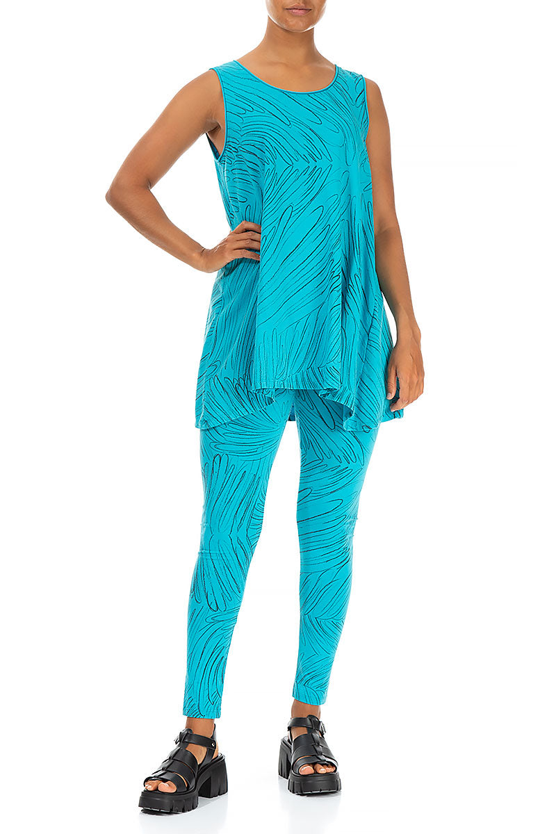 Sleeveless Feathers Bright Turquoise Cotton Tunic