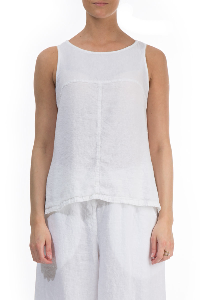Sleeveless Longer Back White Linen Blouse