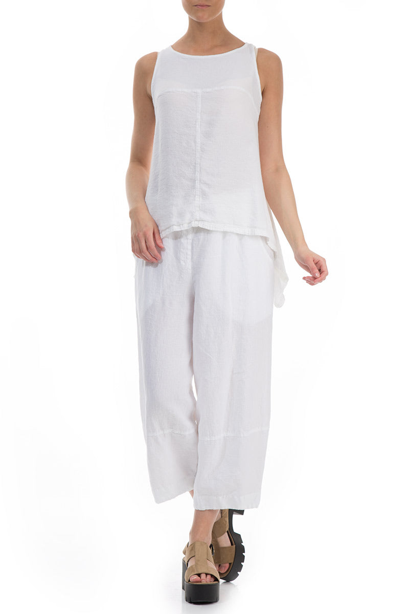 Sleeveless Longer Back White Linen Blouse