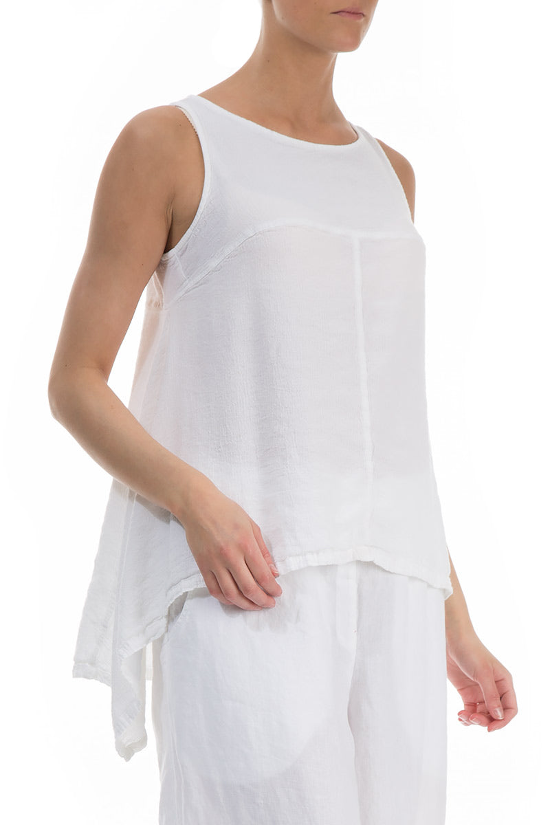 Sleeveless Longer Back White Linen Blouse