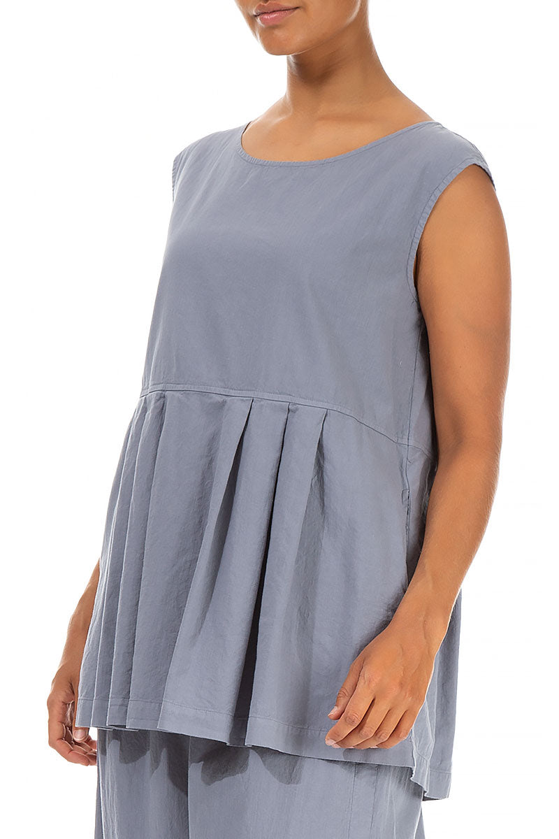 Sleeveless Pleated Storm Grey Cotton Blouse