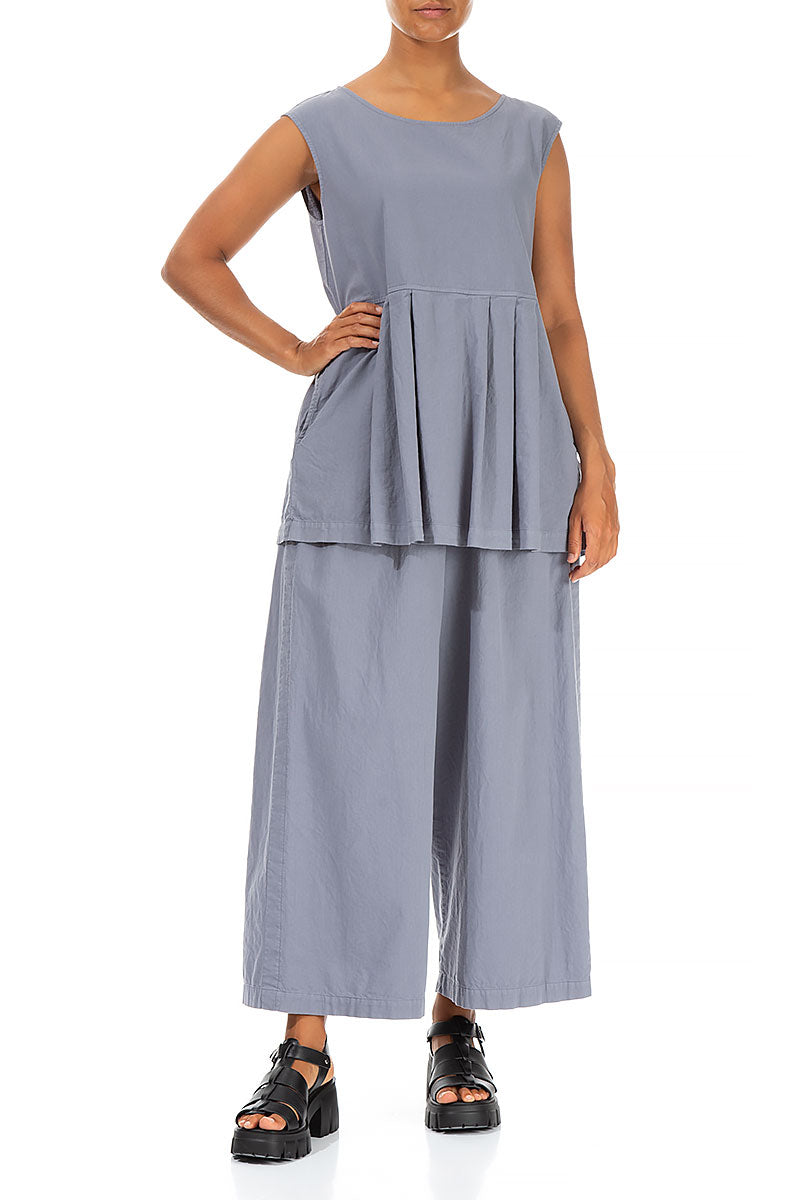 Sleeveless Pleated Storm Grey Cotton Blouse