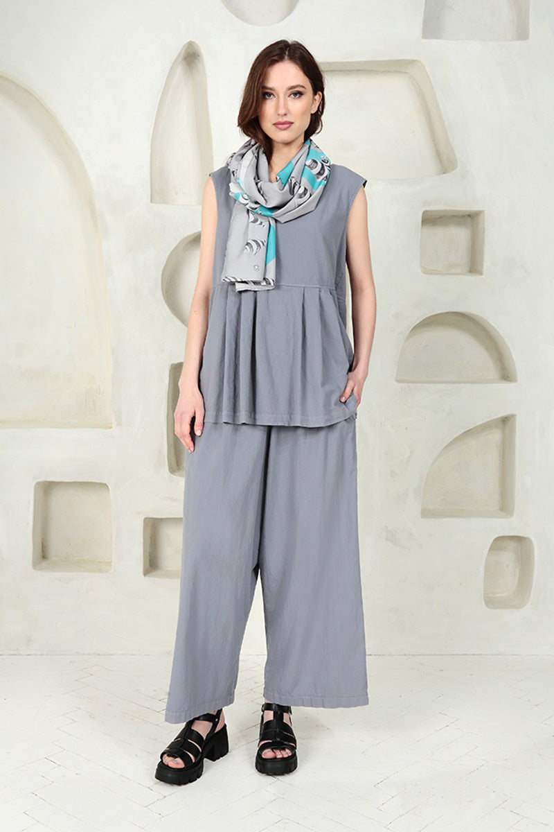 Sleeveless Pleated Storm Grey Cotton Blouse