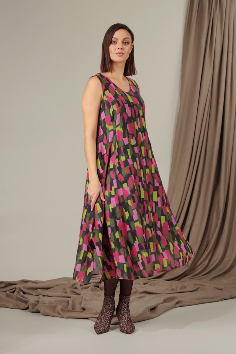 Sleeveless Tie Up Paint Mosaic Silk Cotton Dress