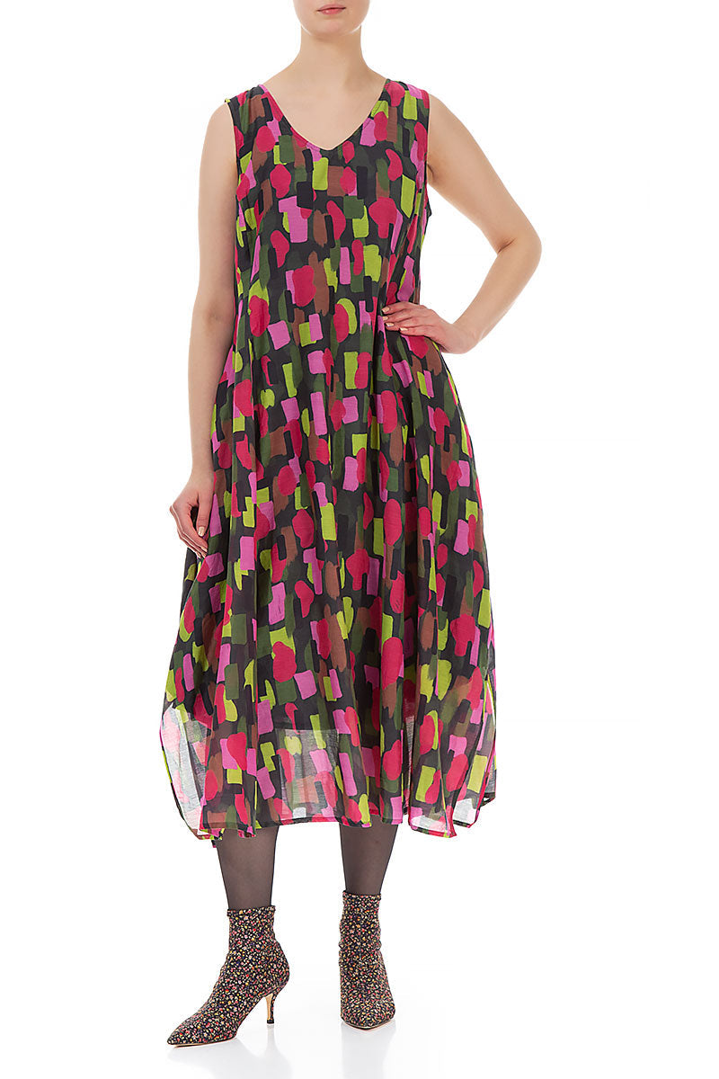 Sleeveless Tie Up Paint Mosaic Silk Cotton Dress