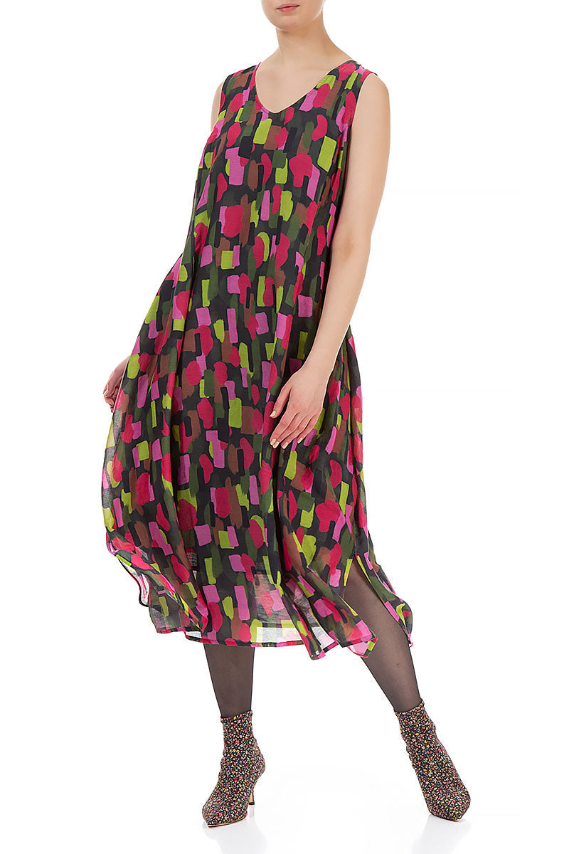Sleeveless Tie Up Paint Mosaic Silk Cotton Dress