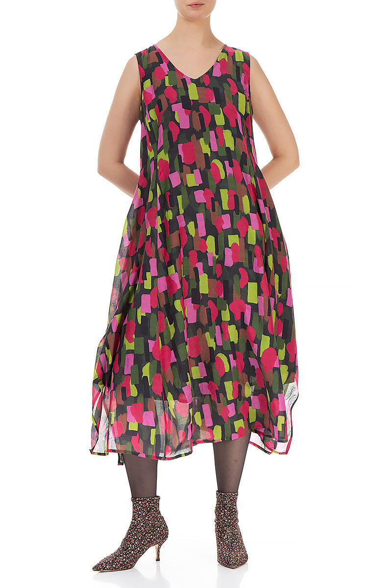 Sleeveless Tie Up Paint Mosaic Silk Cotton Dress