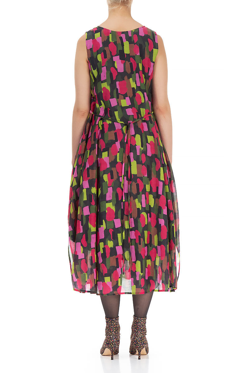 Sleeveless Tie Up Paint Mosaic Silk Cotton Dress