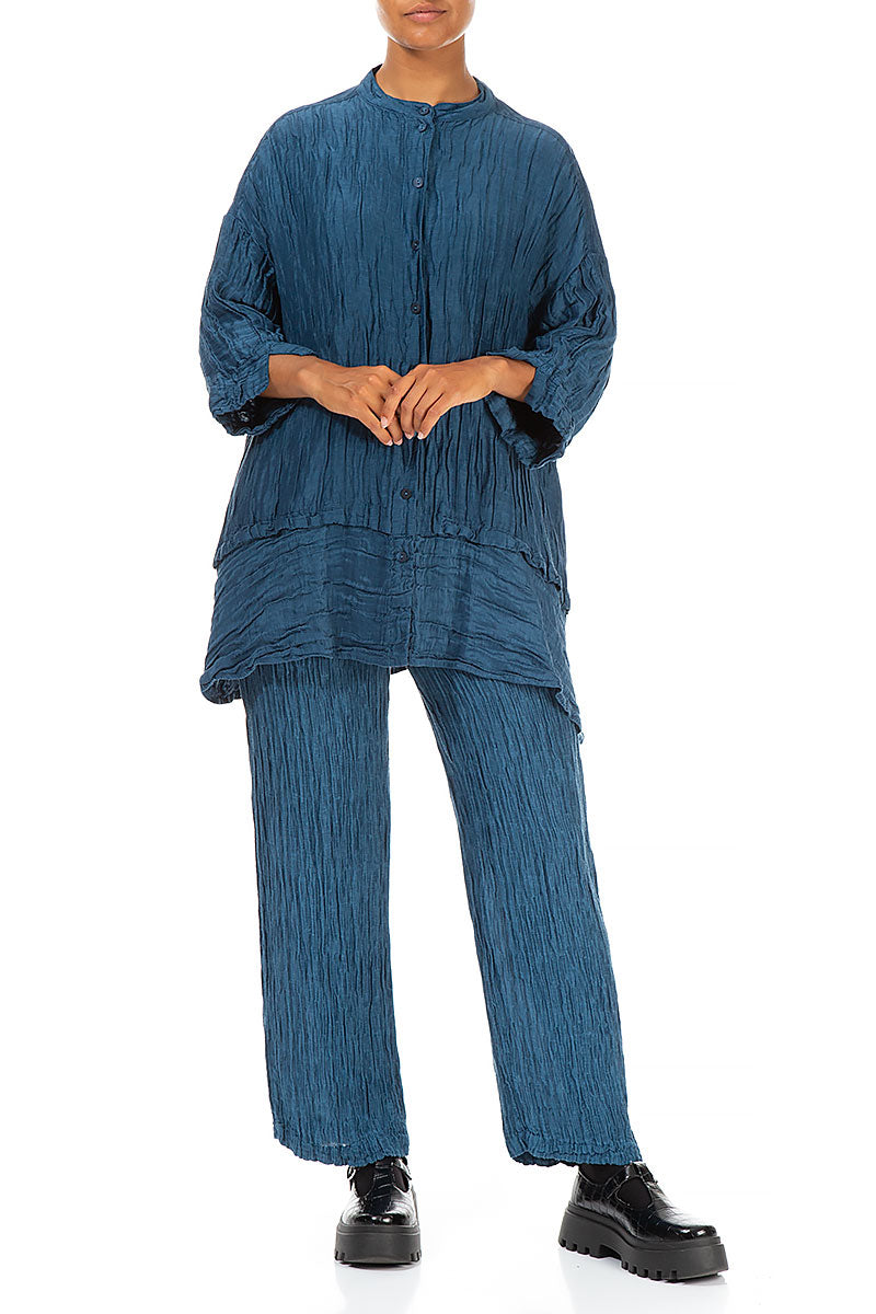 Straight Crinkled Petrol Blue Silk Linen Trousers
