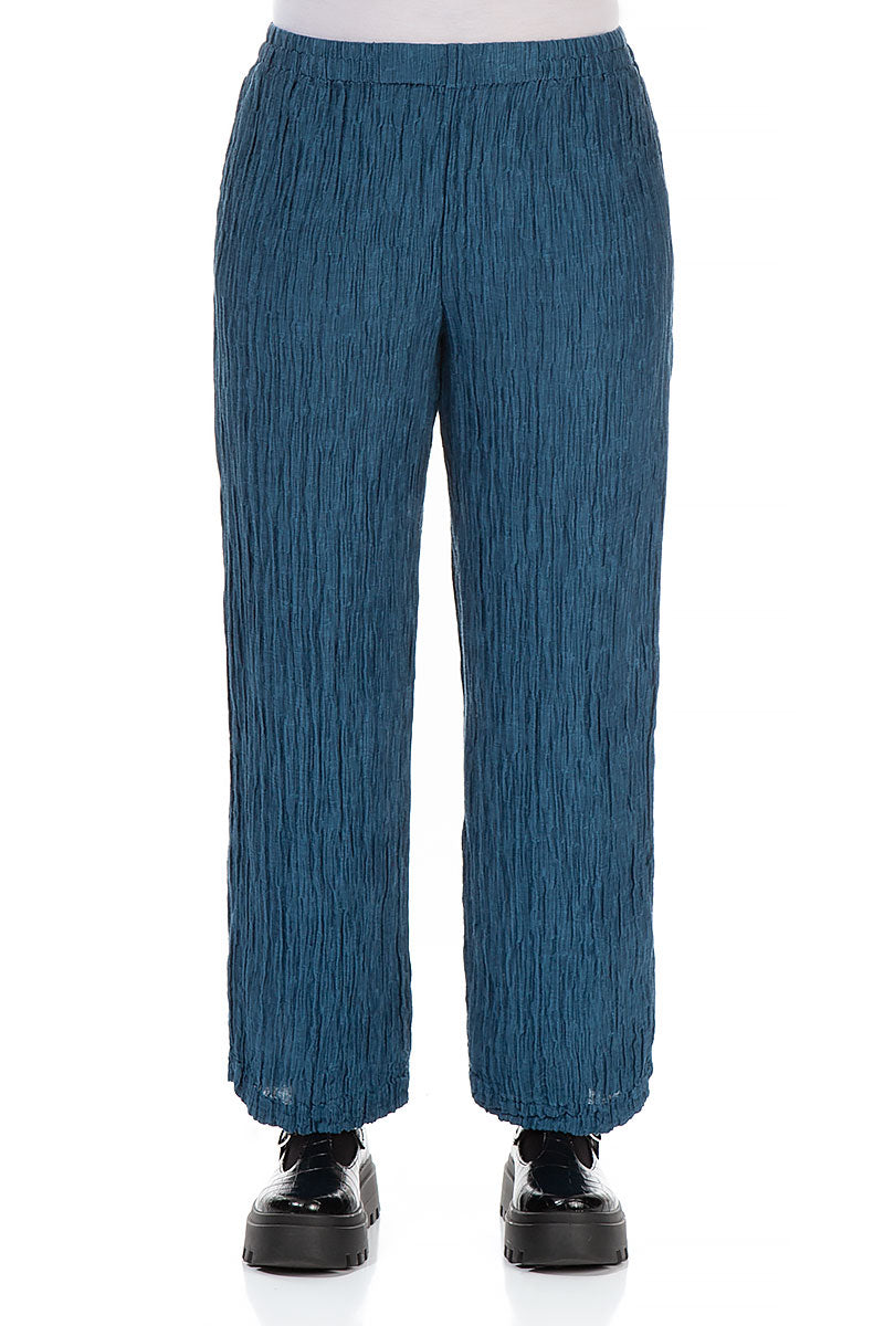 Straight Crinkled Petrol Blue Silk Linen Trousers