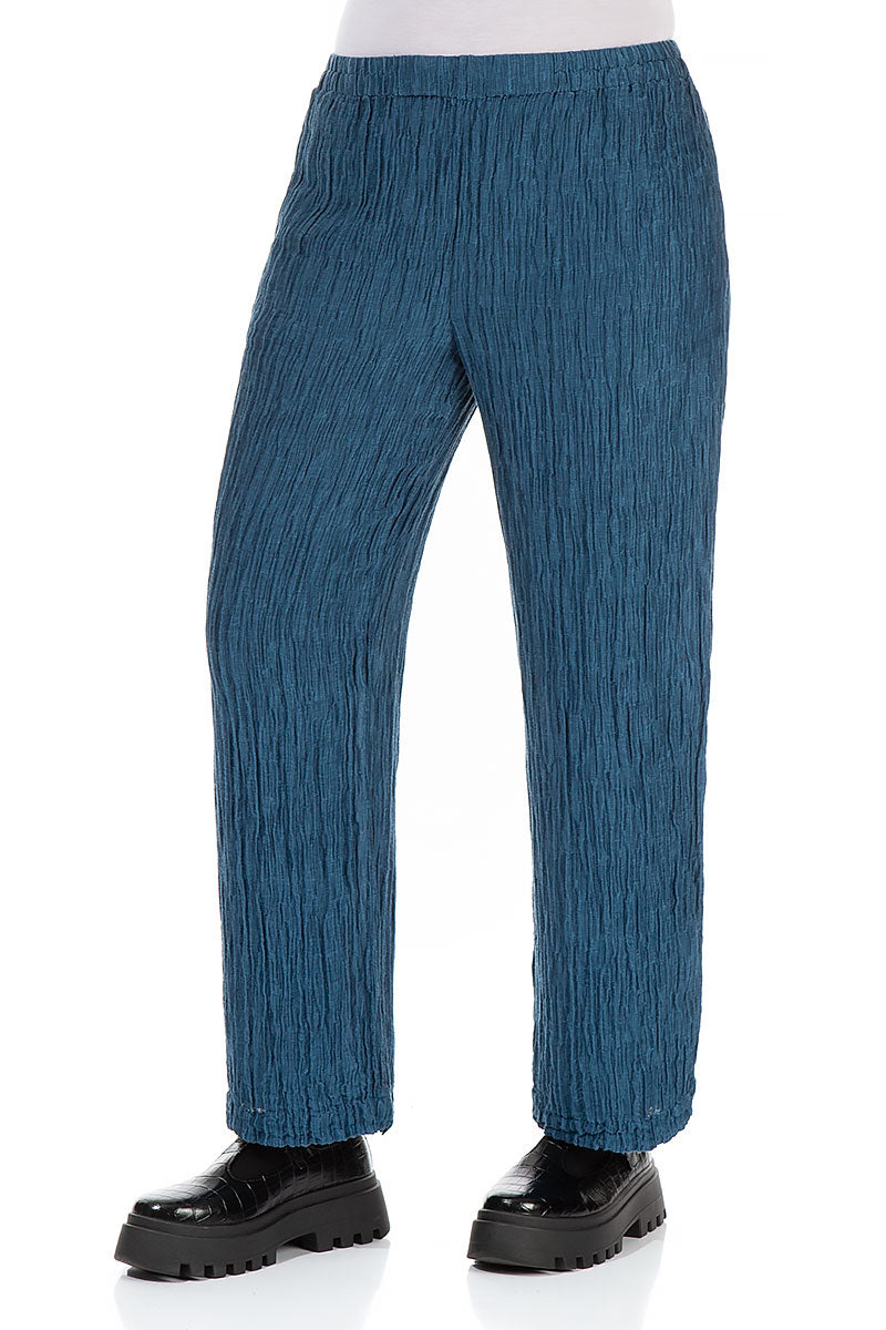 Straight Crinkled Petrol Blue Silk Linen Trousers