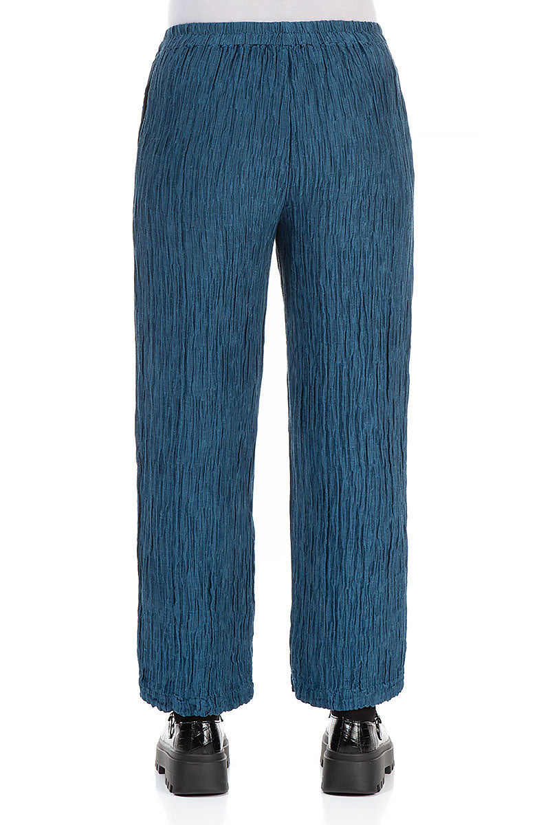 Straight Crinkled Petrol Blue Silk Linen Trousers