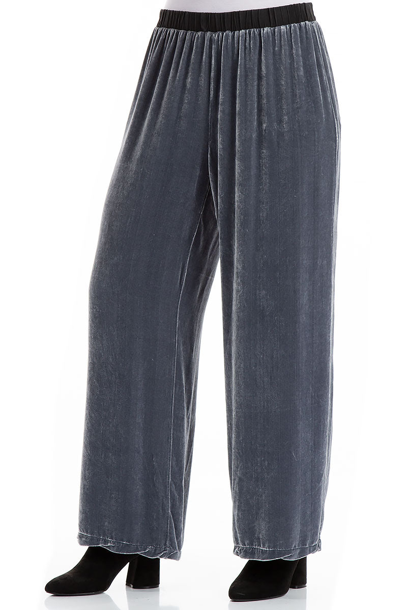 Straight Wide Silver Silk Velvet Trousers