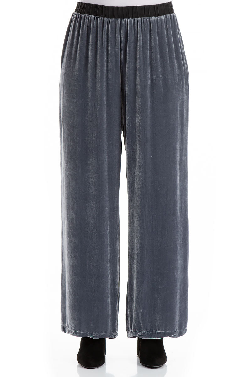 Straight Wide Silver Silk Velvet Trousers