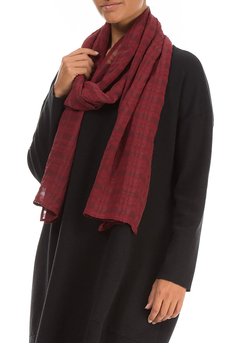 Subtly Checkered Bordeaux Silk Cotton Scarf