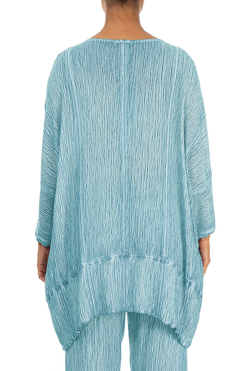 Taper Crinkled Washed Effect Turquoise Silk Viscose Tunic