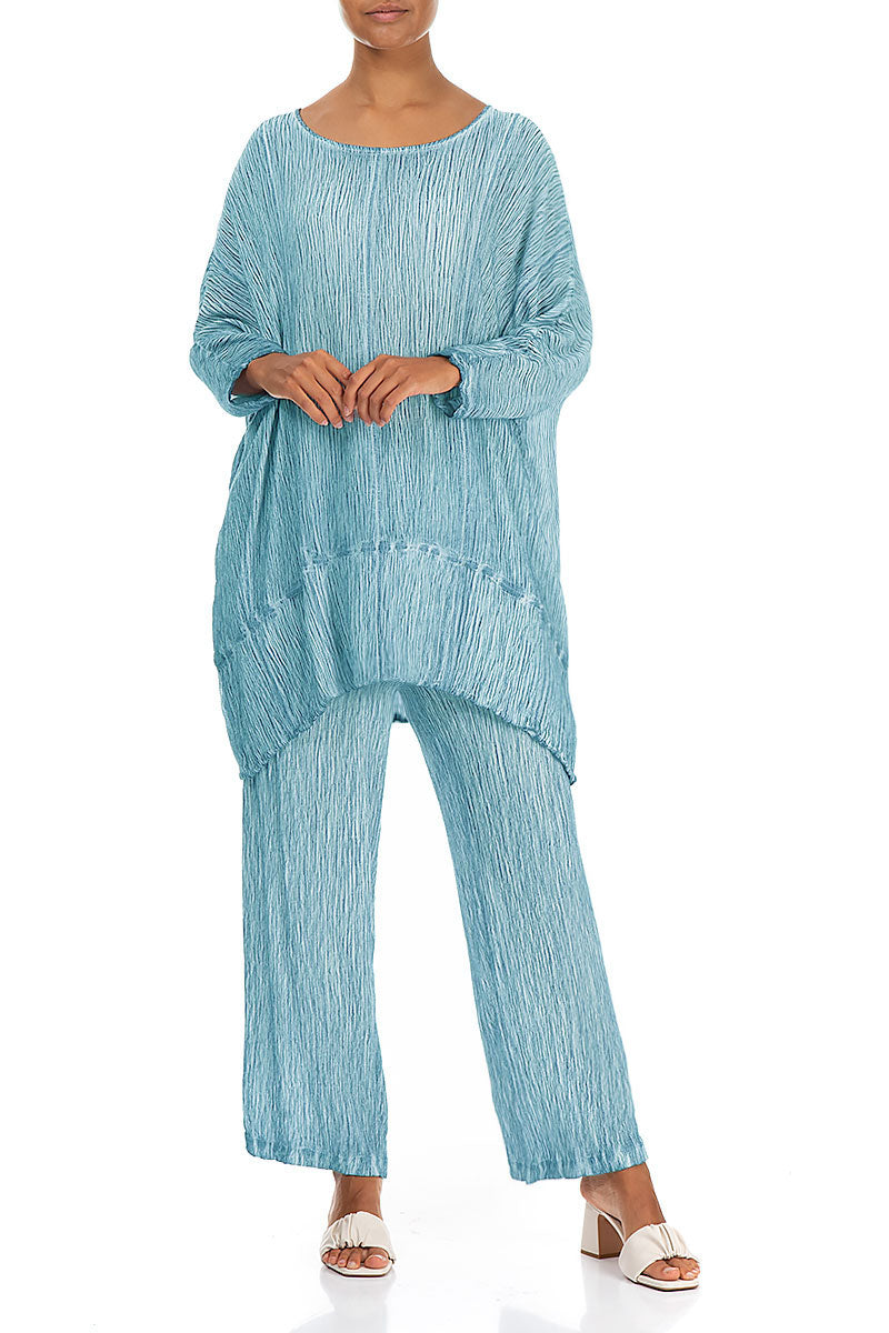 Taper Crinkled Washed Effect Turquoise Silk Viscose Tunic