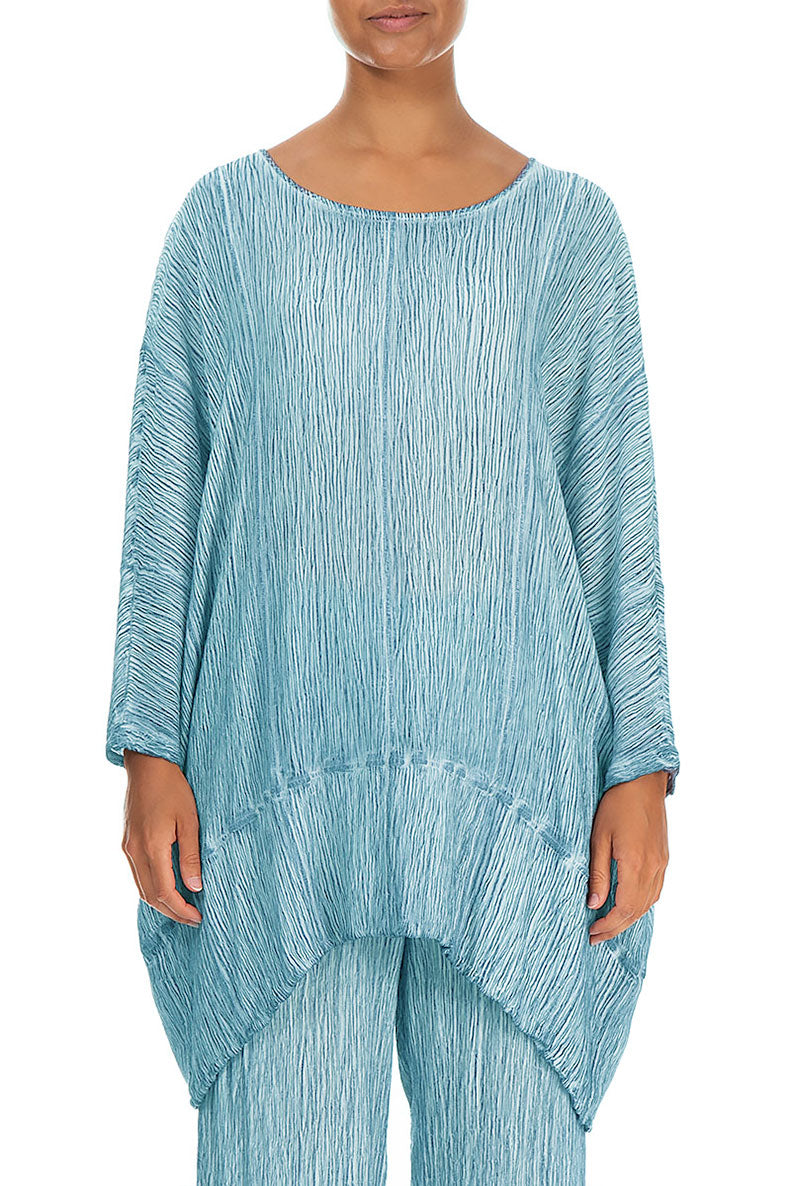 Taper Crinkled Washed Effect Turquoise Silk Viscose Tunic