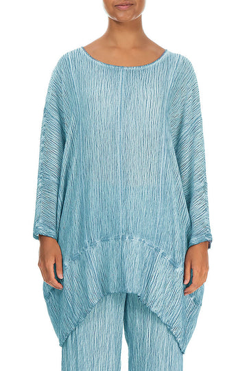 Taper Crinkled Washed Effect Turquoise Silk Viscose Tunic