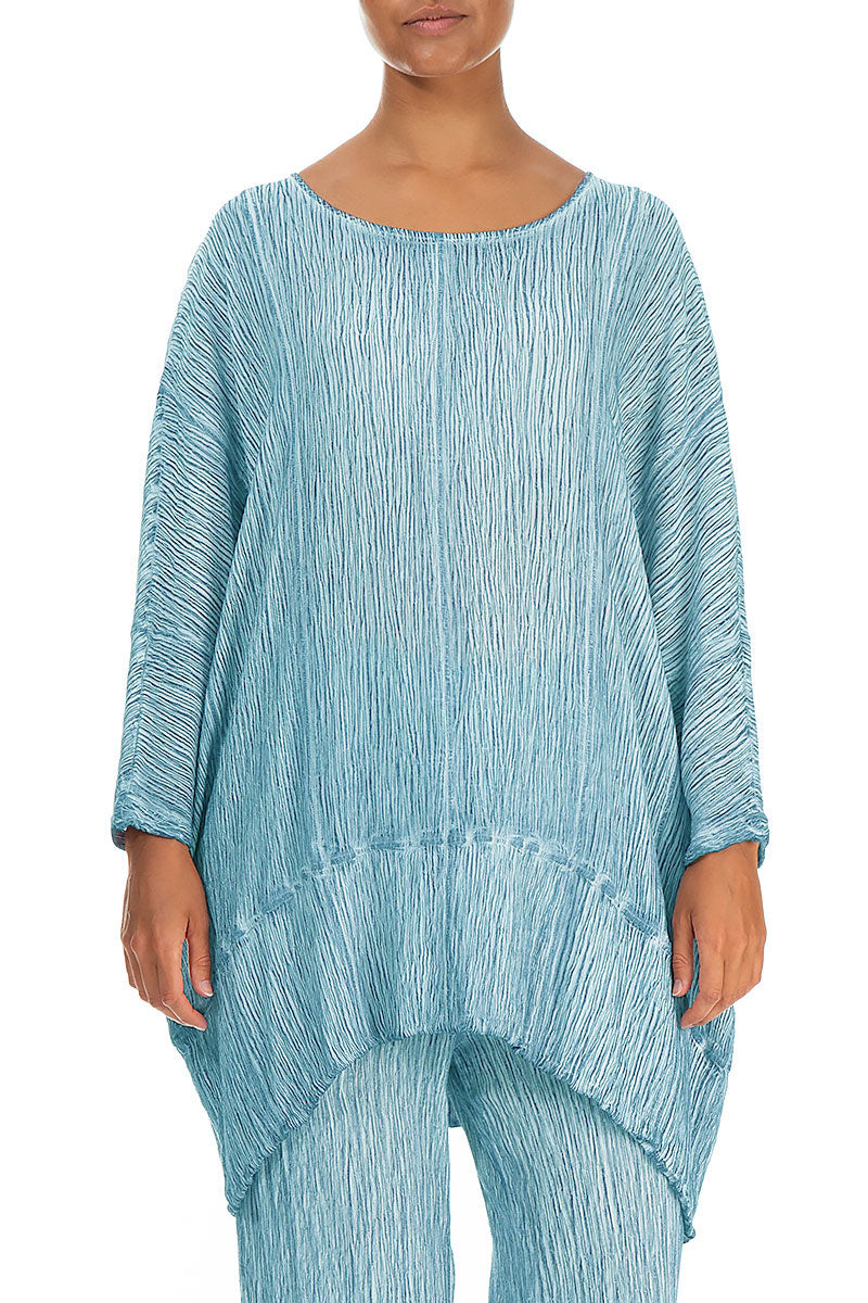 Taper Crinkled Washed Effect Turquoise Silk Viscose Tunic