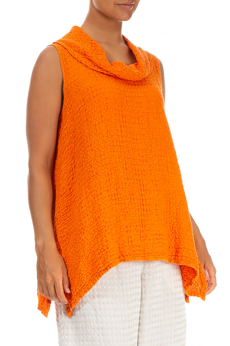 Textured Cowl Neck Sleeveless Neon Orange Linen Tunic