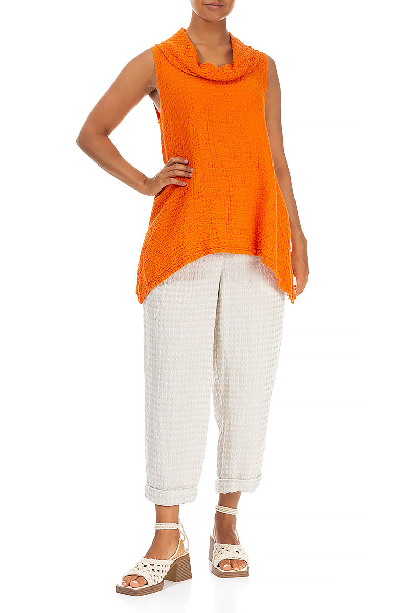 Textured Cowl Neck Sleeveless Neon Orange Linen Tunic