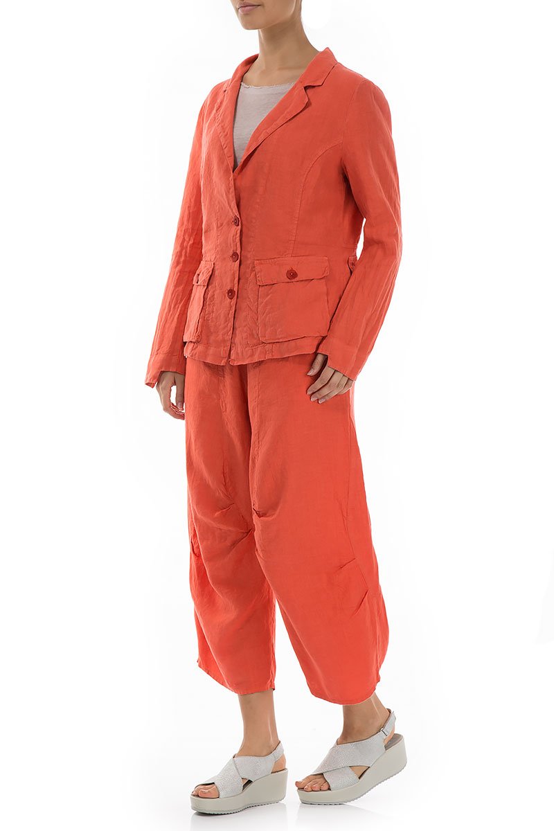 Three Pockets New Orange Linen Blazer Jacket