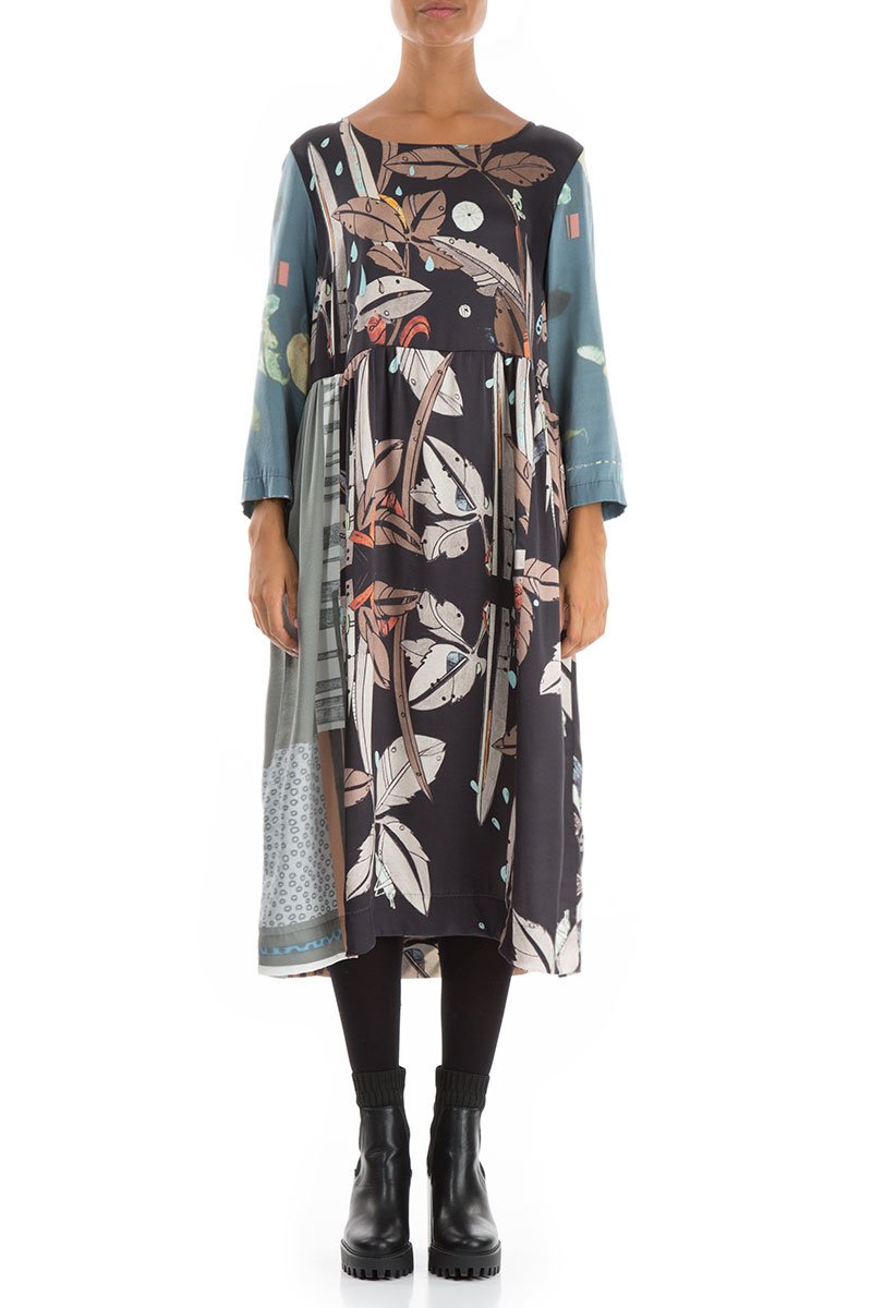 Round Neckline Mixed Prints Silk Dress