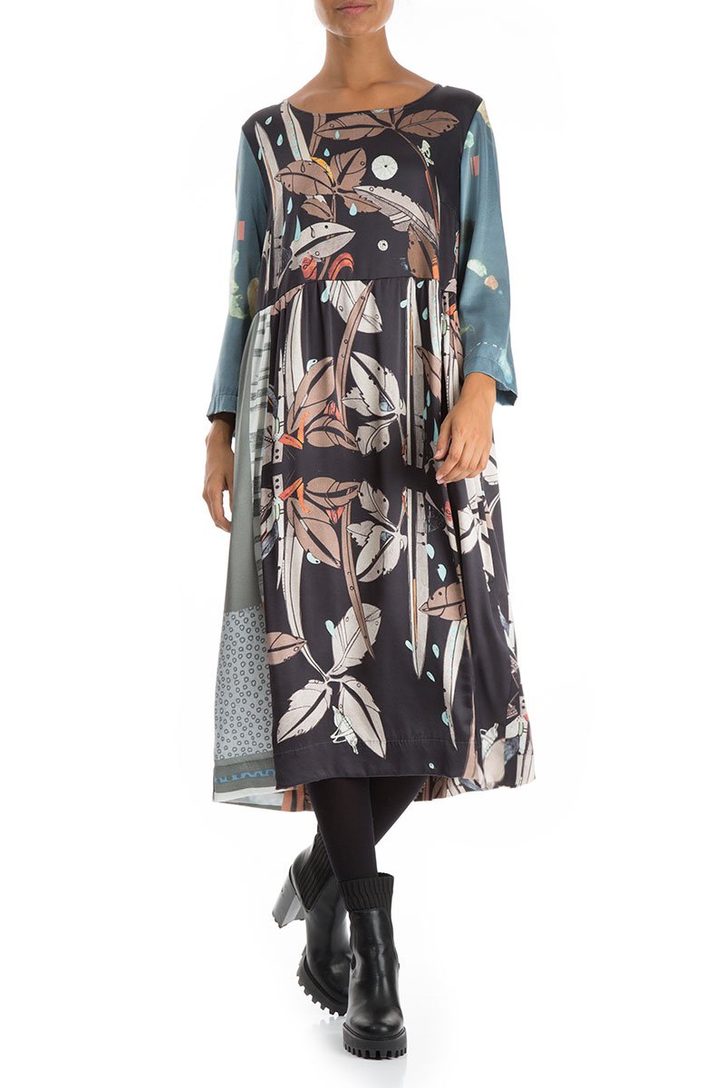 Round Neckline Mixed Prints Silk Dress