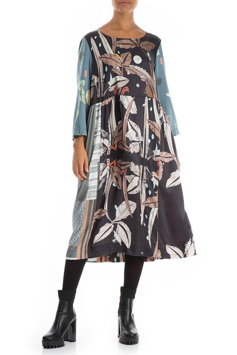 Round Neckline Mixed Prints Silk Dress