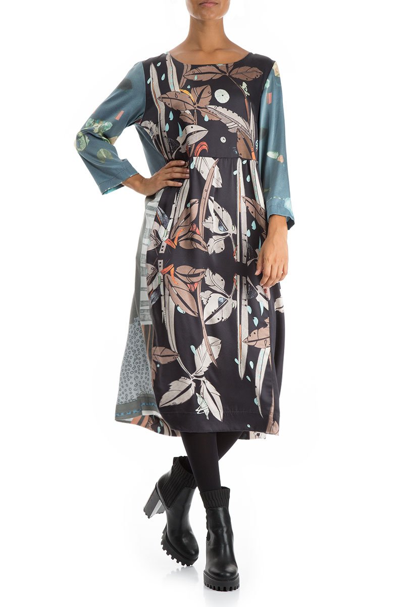 Round Neckline Mixed Prints Silk Dress