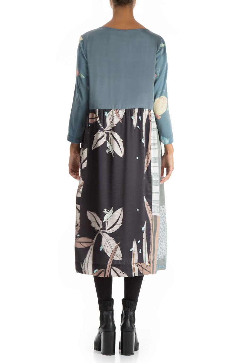Round Neckline Mixed Prints Silk Dress