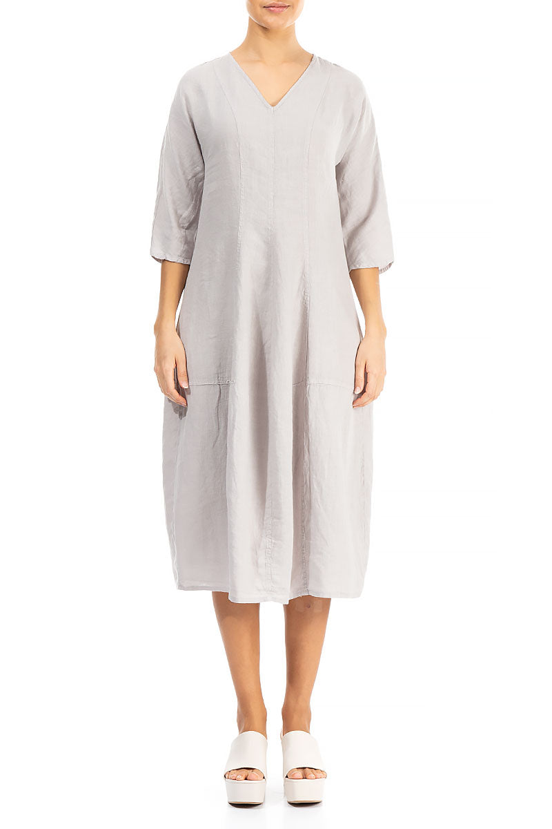 V-Neck Balloon Taupe Linen Dress