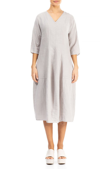 V-Neck Balloon Taupe Linen Dress