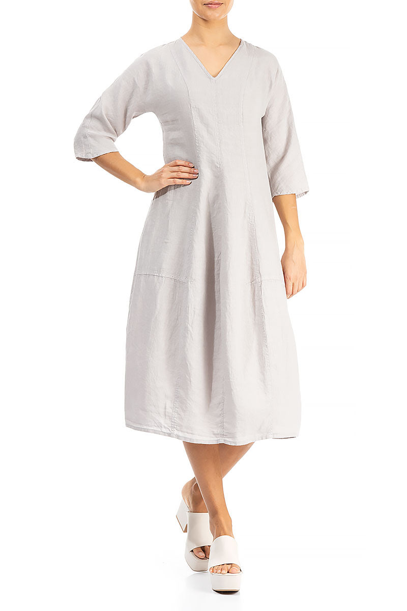 V-Neck Balloon Taupe Linen Dress