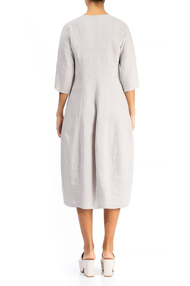 V-Neck Balloon Taupe Linen Dress