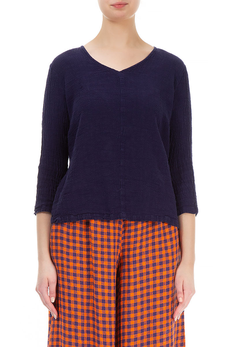 V-Neck Blue Violet Linen Blouse