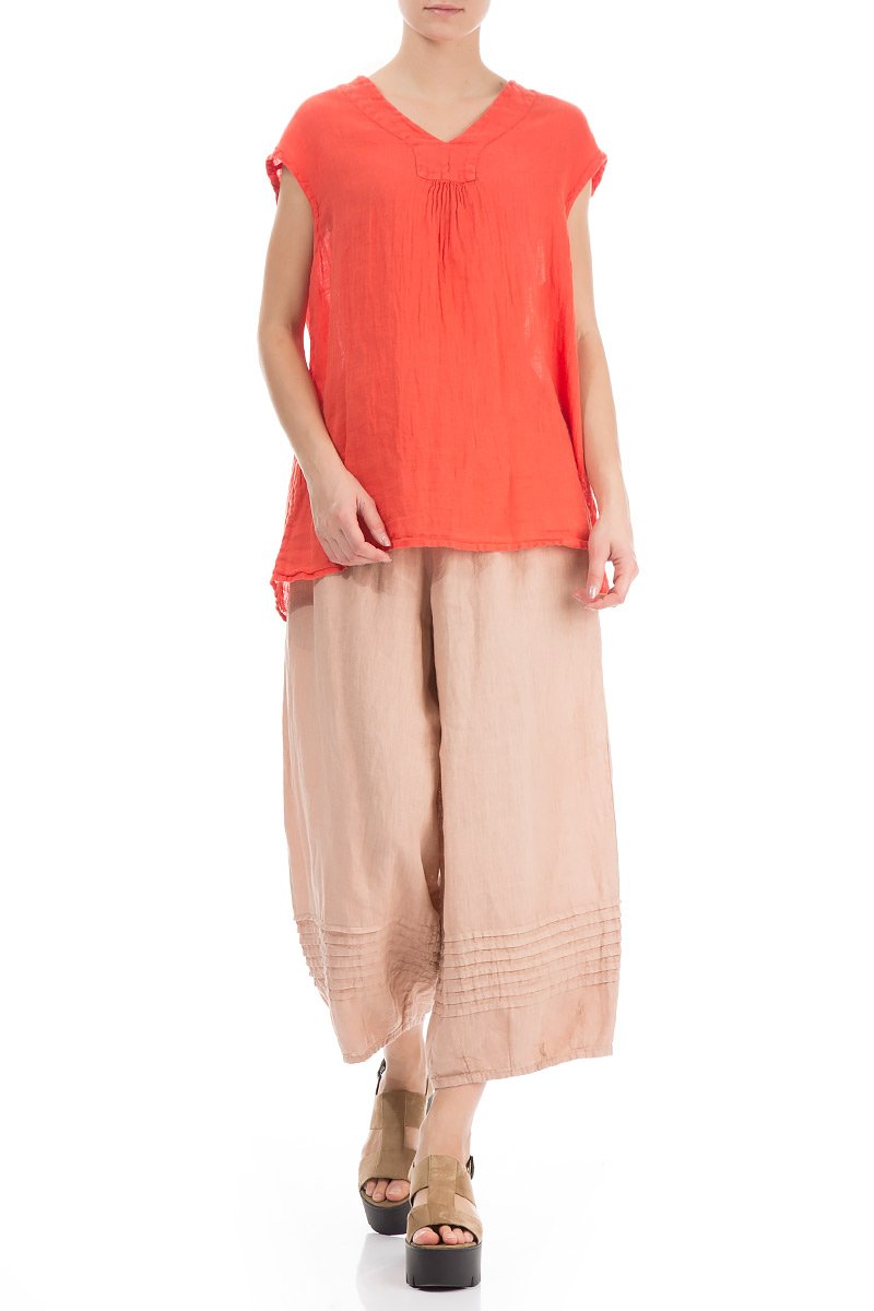 V-Neck Coral Linen Blouse
