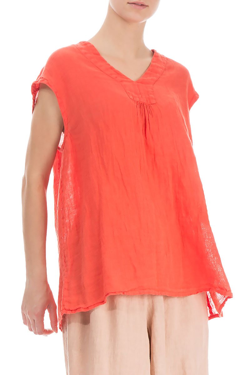 V-Neck Coral Linen Blouse