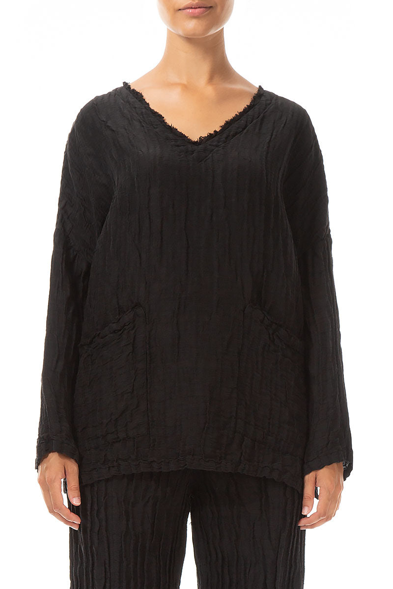 V-Neck Crinkled Black Silk Blouse