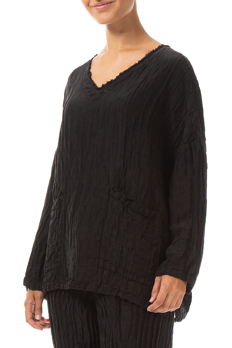 V-Neck Crinkled Black Silk Blouse