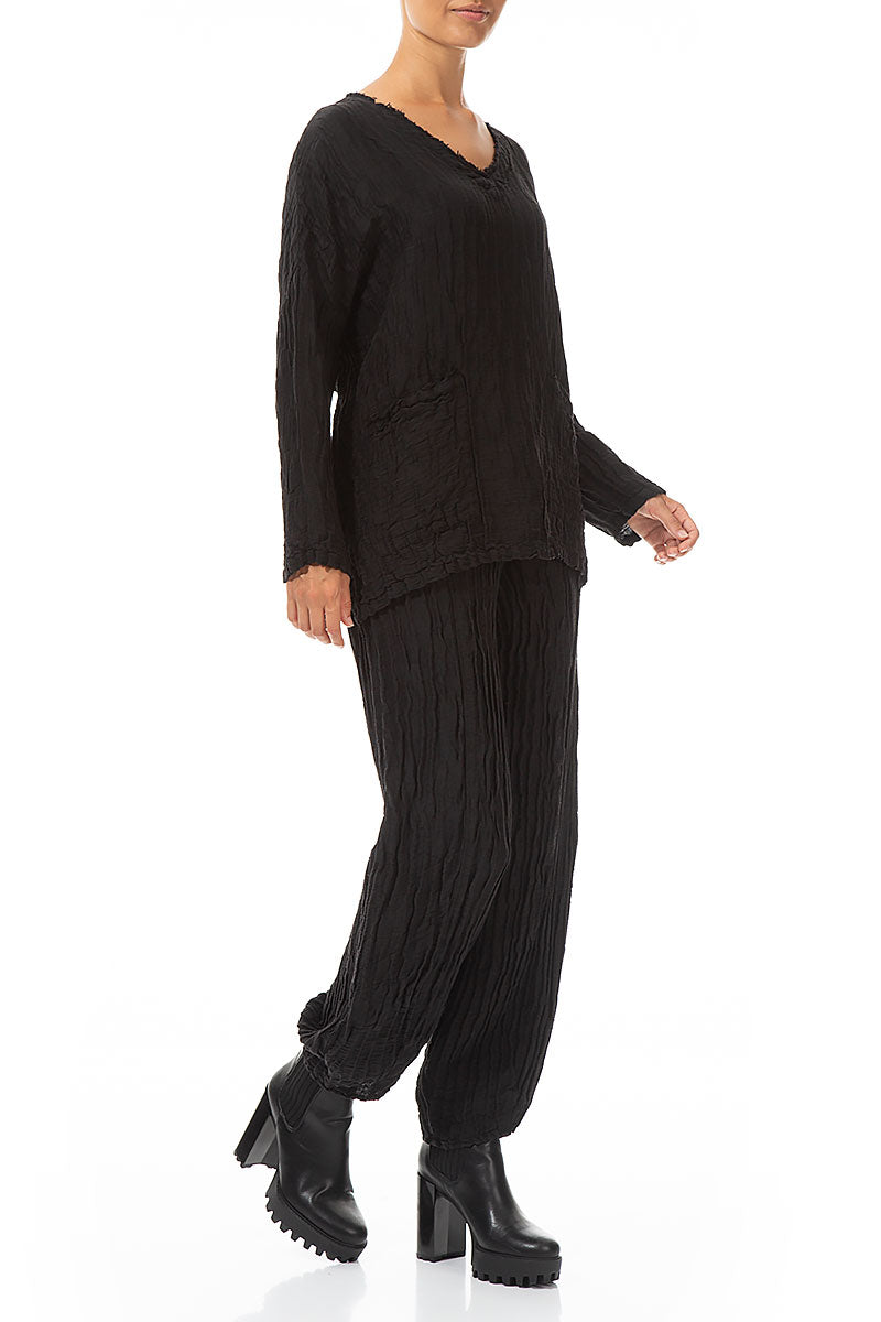 V-Neck Crinkled Black Silk Blouse