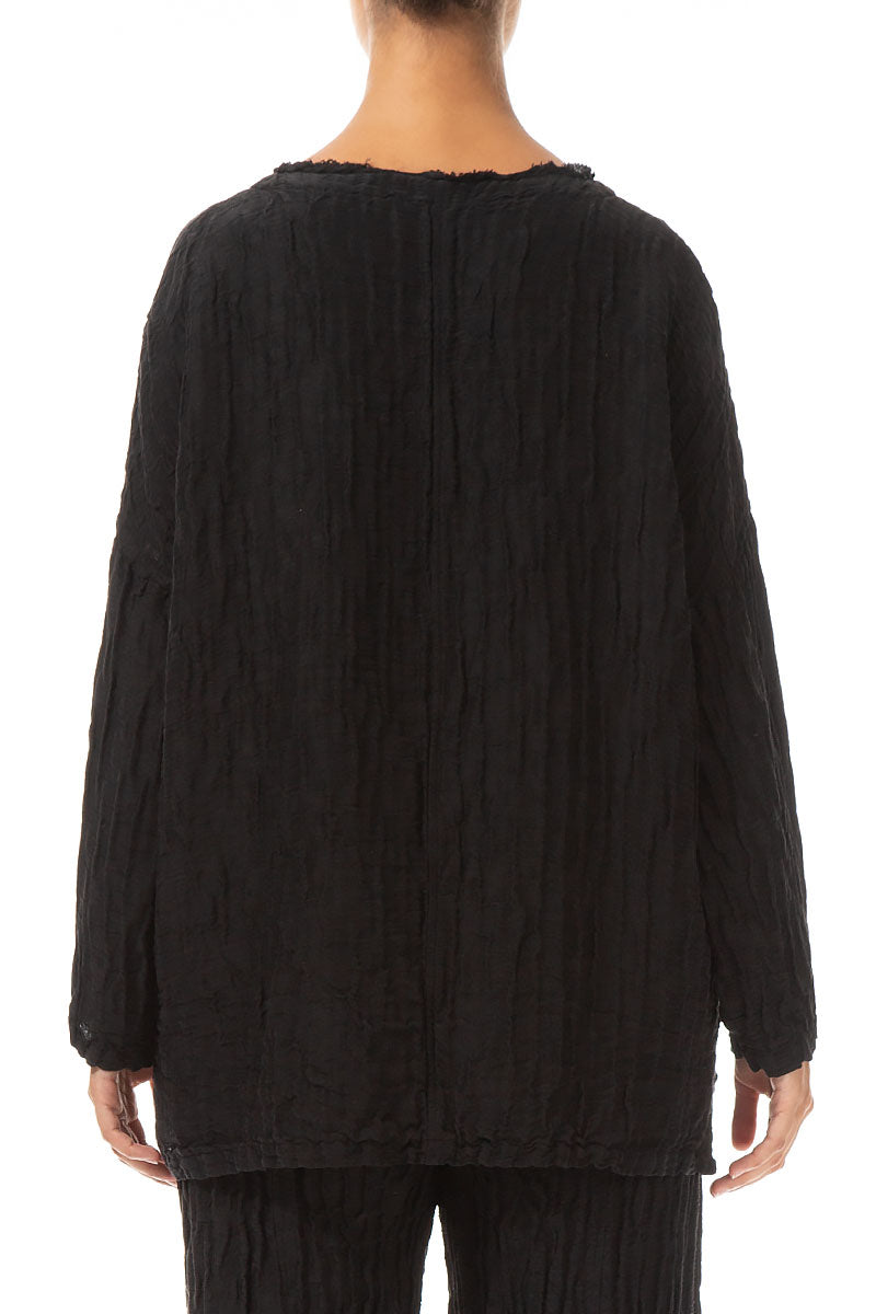 V-Neck Crinkled Black Silk Blouse