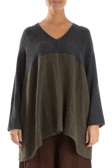 V-Neck Dark Grey & Khaki Wool Sweater