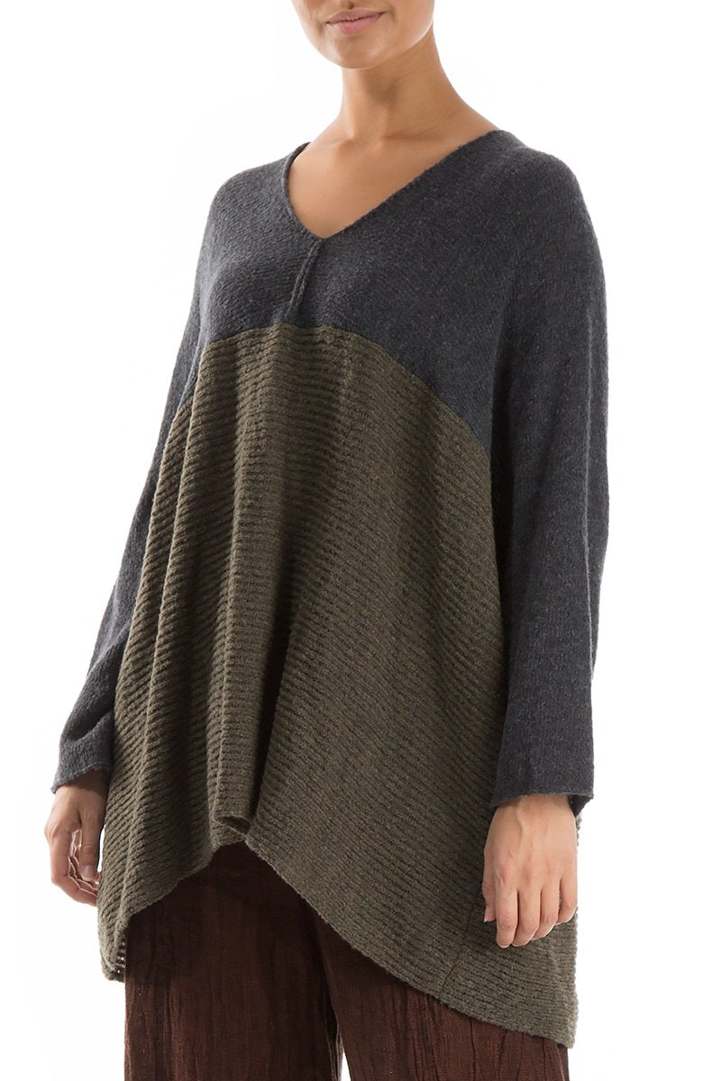 V-Neck Dark Grey &amp; Khaki Wool Sweater