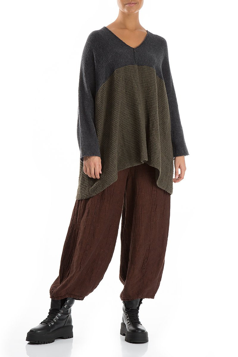 V-Neck Dark Grey &amp; Khaki Wool Sweater